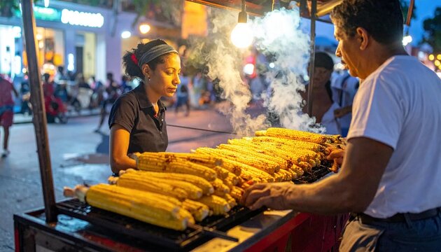 Street Vendor Grilling Corn on the Cob at Night Market.