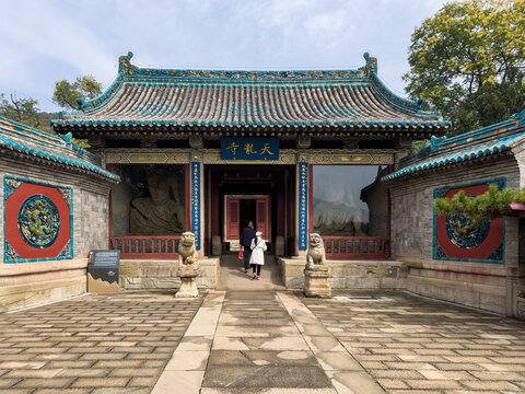 Entrance to historical Tianlong Temple, buddhist temple first built in 560 AD in Northern Qi Dynasty on Mount Tianlong in Taiyuan, Shanxi, China. Heirtage and tourist attraction.