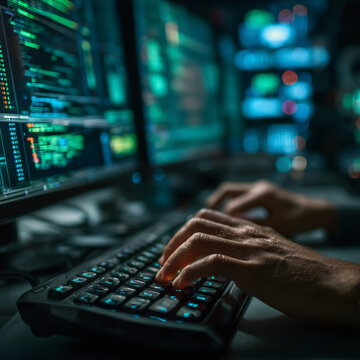Close-up of professional software developer hands typing on a keyboard in a dark server room with glowing code on monitors
