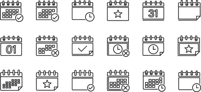 Calendar icons silhouette vector illustration set, black designs showing marked dates, clocks, stars, check marks, and scheduling reminders