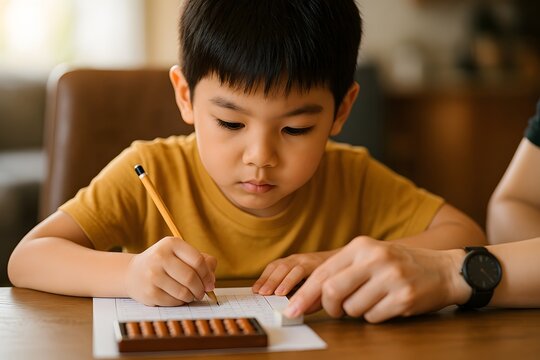 Young asian boy intently focuses on learning mathematics using an abacus, guided by an adult's hand.