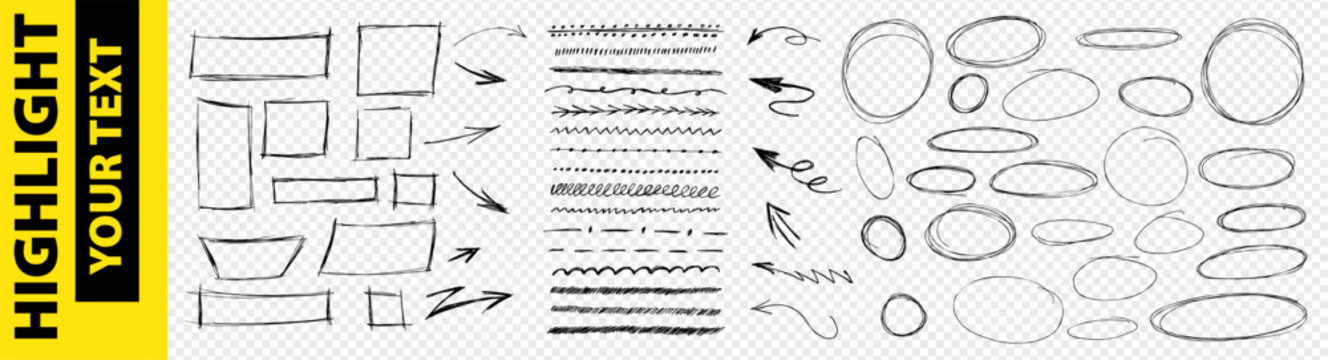 Black pen circle underline strokes with hand drawn doodle arrow elements on like transparent png background. Vector set kit bundle for highlight text using scribble oval lines.