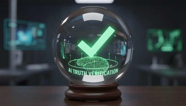 Digital representation of AI truth verification in a luminous sphere, illustrating artificial intelligence ensuring factual accuracy and reliable data for the future