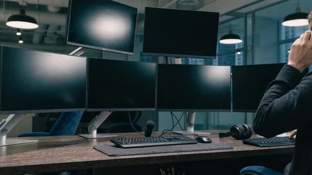 Trading brokers large desk ergonomic setup in medium shot multiscreen display in sharp focus with subdued focus on plush chair and strategically placed diffused lighting for