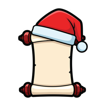 A scroll with a Santa hat on top