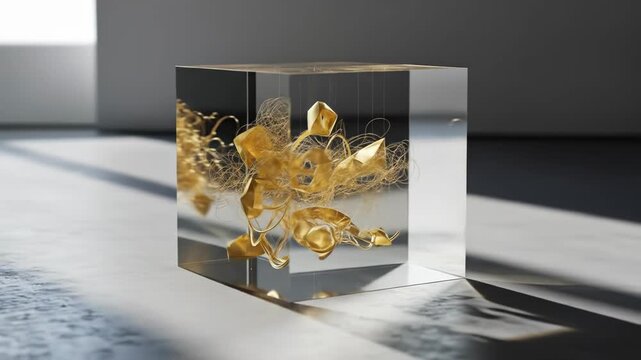 A transparent cube with golden foil-like objects inside sits on a reflective surface in a dimly lit room with shadows