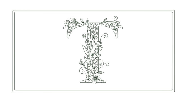 Elegant Letter T floral design, botanical alphabet, vintage illustration, decorative element