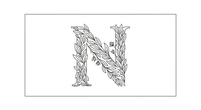 Elegant Letter N Monogram with Laurel Leaves, Vintage Alphabet Design, Botanical Initial