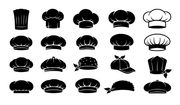 Chef hat silhouettes collection vector set with cooking caps baker hats and kitchen headwear icons in minimal black design