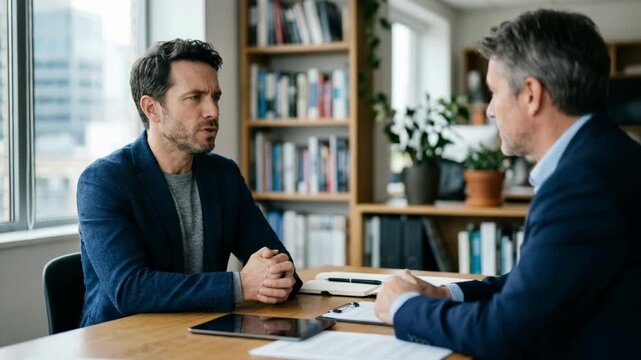 Selfemployed man in a medium shot consulting with a financial expert about higher card limits main focus on his thoughtful face office backdrop softly out of focus.