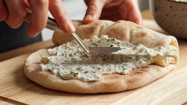 Spreading Creamy Blue Cheese Filling onto Warm Pita Bread.