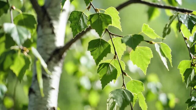 Closeup of Birch Tree Leaves and Trunk in Sunlight.