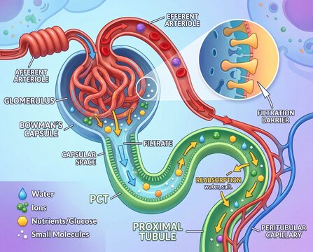 Detailed Illustration of a Nephron's Glomerulus and Tubule System in the Kidney