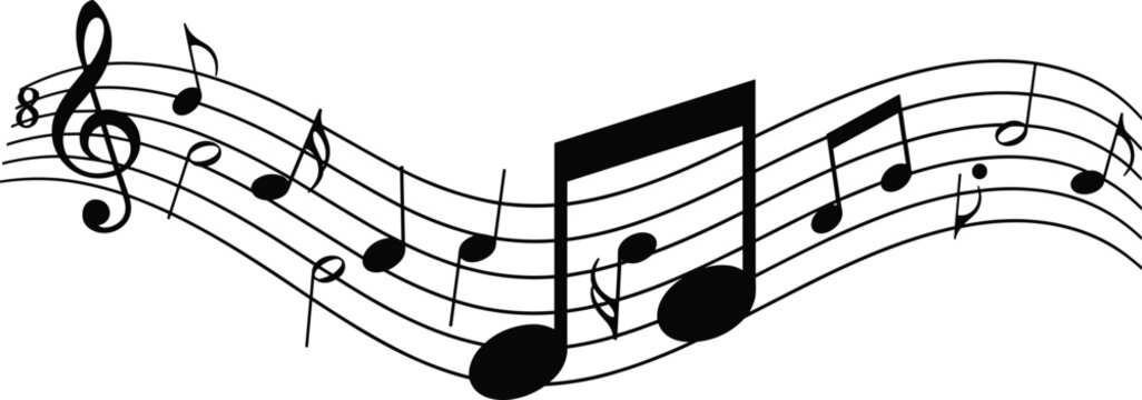 Musical staff icon with treble clef and flowing notes for music education, rhythm, and performance design themes