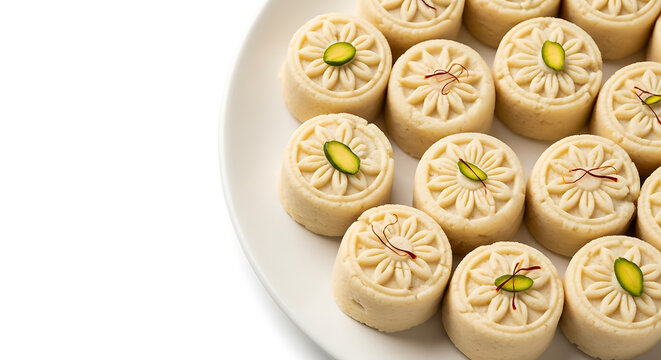 Delicious Bengali Sandesh or Kancha Golla milk sweets decorated with pistachio and saffron threads on a white ceramic plate. Traditional Indian dessert made from fresh chenna, perfect for festivals