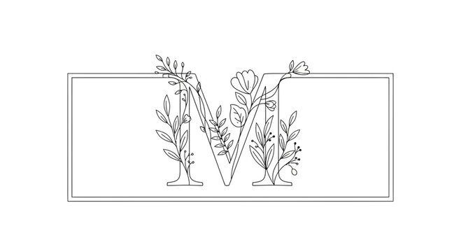Elegant Floral Letter M Monogram with Botanical Elements in a Rectangle Frame