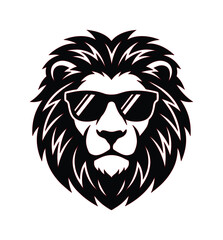 Obraz premium Cool lion head vector illustration with sunglasses, black and white lion mascot logo, minimalist feline predator face for apparel design
