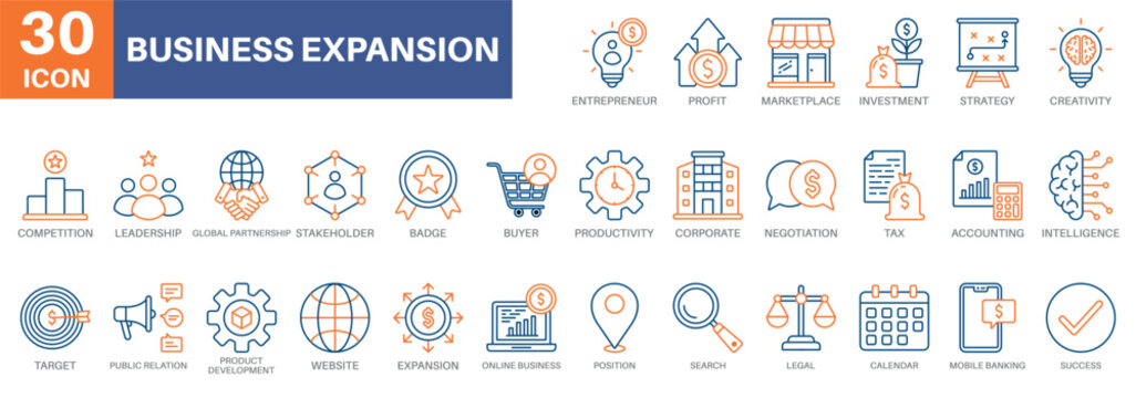 business expansion icon set, entrepreneur, investment,global partnership,buyer, and public relations. Simple vector symbols collection