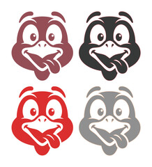 Fototapeta premium Funny turkey mascot head set, cartoon bird character with tongue out, set of 4 colorful poultry vector icons for Thanksgiving and food branding