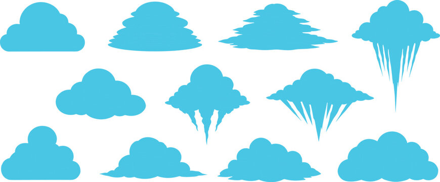 Set of twelve stylized cloud icons for weather graphics, educational materials, and atmospheric design themes