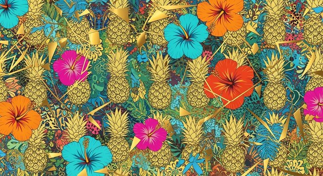 Golden Pineapple and Hibiscus Tropical Pattern
