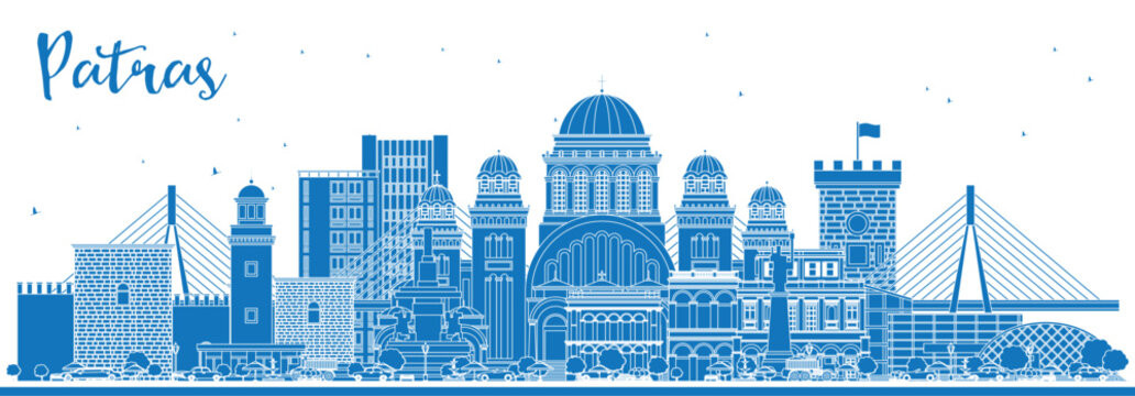 Outline Patras Greece City Skyline with Blue Buildings. Illustration. Travel and Tourism Concept with Historic and Modern Architecture. Patras Cityscape with Landmarks.