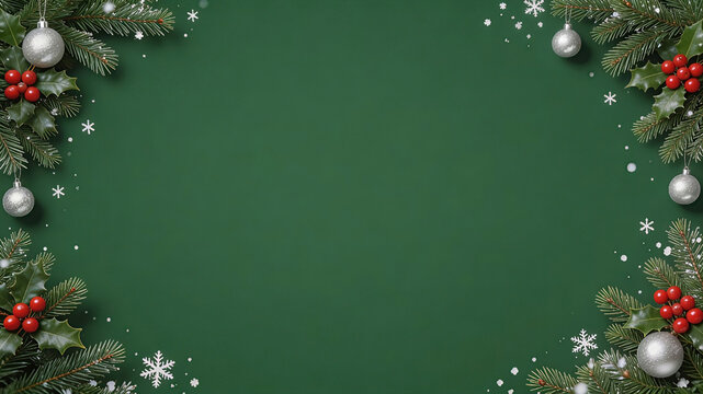 Christmas Frame Background with Pine Branches, Silver Baubles, Red Berries and Snowflakes on Green. Christmas Background, Christmas, Christmas Tree, Merry Christmas, Christmas Wallpaper