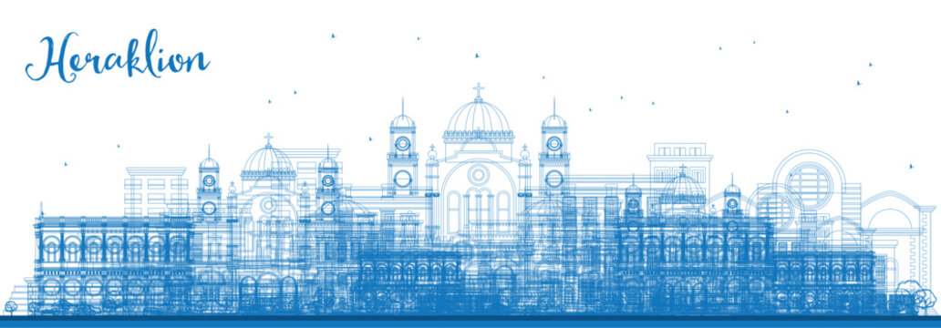 Outline Heraklion Greece Crete City Skyline with Blue Buildings. Illustration. Heraklion Cityscape with Landmarks.