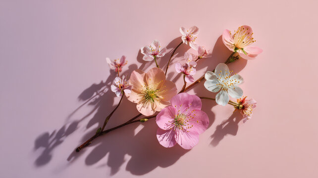 Minimal spring flower arrangement, pastel background, pink blossom, branch, soft shadow, delicate floral