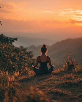 Woman meditating outdoors peaceful nature sunrise light mountain landscape yoga pose mindfulness practice calm woman