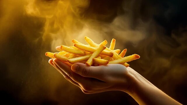 Cinematic 4K IMAX Hero Frame of Hand Holding Handful of Golden Crispy Fries