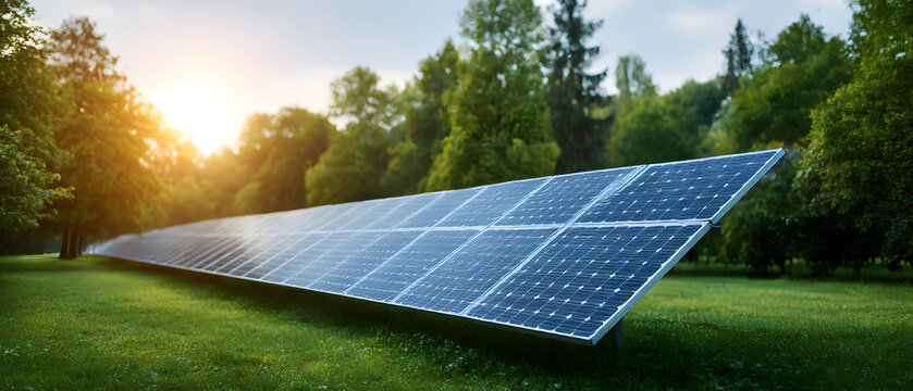 Solar panel array installed on green grass lawn surrounded by lush forest trees under bright morning sun for clean power.
