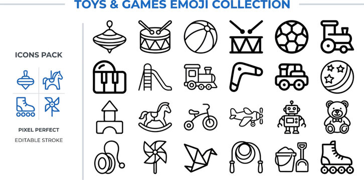 Outline vector icon set of childhood toys, playground and games