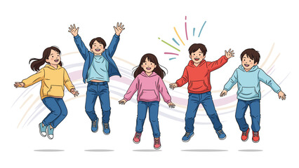Obraz premium Five happy diverse children, boys and girls, joyfully jump into the air with arms raised, celebrating fun and energy.