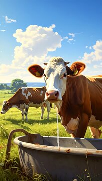 A brown and white cow drinks from a metal trough