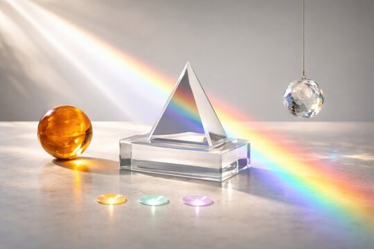 Prism with rainbow light and crystal accents on minimal shelf