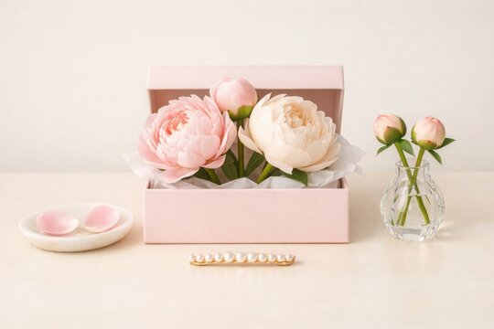 Mother&rsquo;s Day gift box with peony flowers and pearl hair clip