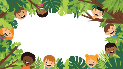 Obraz premium Tropical frame design featuring happy diverse children joyfully peeking through lush green jungle leaves, perfect for an exotic theme.
