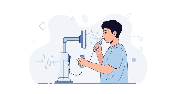 Young man performing lung function test with spirometer, medical illustration