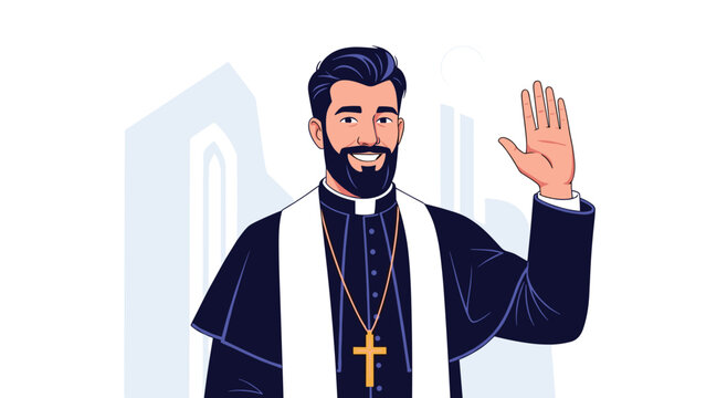 Friendly and smiling priest or minister with a beard, wearing a cassock and a prominent cross necklace, waving his hand.