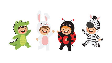 Obraz premium Four adorable children in animal costumes, including a crocodile, bunny, ladybug, and zebra, joyfully jump and wave, celebrating fun.