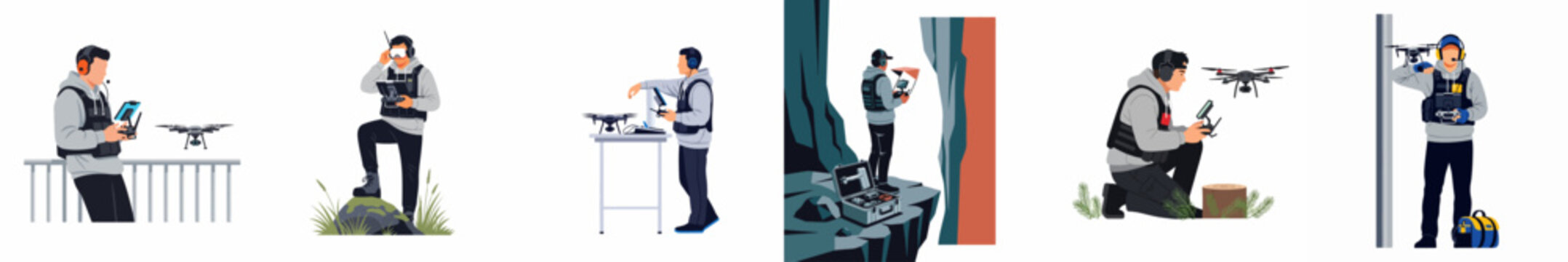 Set of illustrations featuring a professional male drone pilot operating, repairing, and flying a quadcopter in various different outdoor and indoor environments.