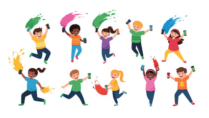 Fototapeta premium A dynamic group of ten diverse children happily jumping and playfully spraying vibrant paint, celebrating creativity and fun.