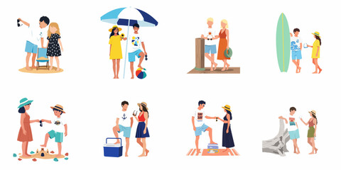Fototapeta premium Collection of young couples and friends enjoying various summer activities at the beach, including surfing, building sandcastles, and relaxing under an umbrella.
