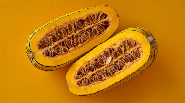 Two halves of a spaghetti squash on a vibrant yellow background.