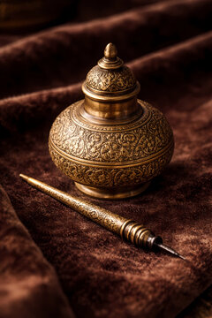 AI generated macro photography of an antique hand-engraved brass Surma Dani container with its applicator stick on dark velvet