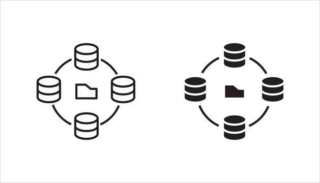 Distributed database network with file sharing line icon. Outline symbol representing decentralized storage, data synchronization, and distributed systems.