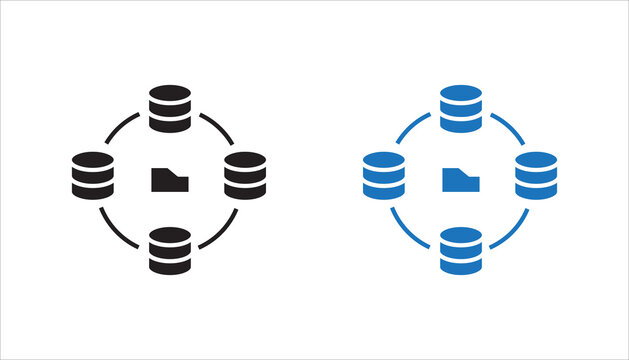 Distributed database network with file sharing line icon. Outline symbol representing decentralized storage, data synchronization, and distributed systems.