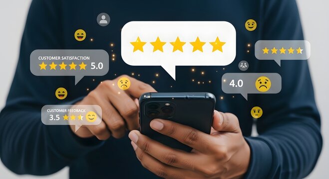 Online reviews and ratings on mobile phone concept for customer feedback and user experience analysis