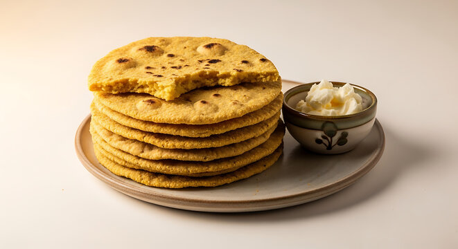 Stack of Traditional Punjabi Makki di Roti Cornmeal Flatbreads Served with a Small Bowl of Fresh Homemade White Butter on a Rustic Ceramic Plate for a Hearty Winter Meal